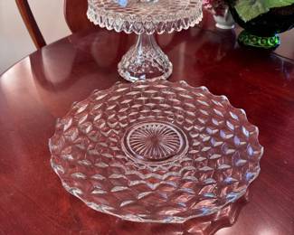 Fostoria American clear round cake stand and 14" platter