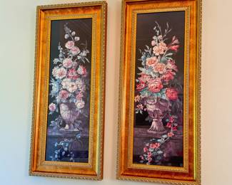 Pair of tall prints, floral arrangements, rich gold frame 3'7"H x 18"W