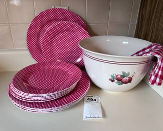 Farmhouse Gingham Check Melamine Dishes, Apple Mixing Bowl and dish towel 