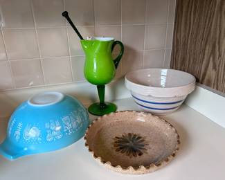 Pyrex Amish Butterprint Cinderella Mixing Bowl, Art Glass Drink Mixer, pottery pie plate and mixing bowl.  