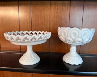 Fenton  Lacy Edge  Milk Glass Pedestal Compote Cake Stand, LE Smith Milk Glass Moon and Stars Pattern Compote stand 