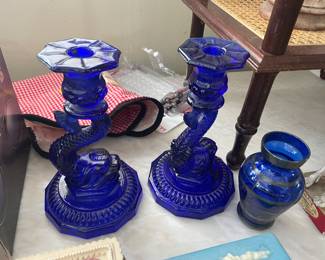 Vintage Blue Cobalt Dragon Candlesticks and Small Vase