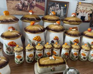 Vintage 1979 Sears Roebuck Merry Mushroom Canisters, Butter Dish, Spice Jars, Sugar/Creamer and Salt & Pepper. 