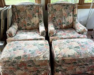 Pair of slipcovered Wingback chairs with Ottomans