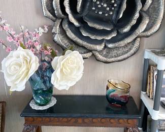 Entry Table with Floral Art & Art Glass Vases