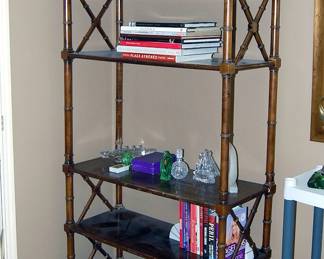 One of a matched pair of Vintage Display Shelves Dark Wood with Faux Bamboo Accents 