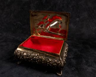Antique jewelry box with red felt inside and a 14kt gold heart pendant.