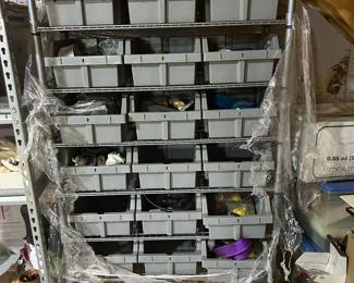 	#64	Metal shelving with storage bins 36x14x55	 SOLD		Contents of bins is for sale