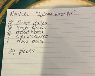 	#69	Noritake "Solemn Emerald" 39 piece set	 $100.00 				