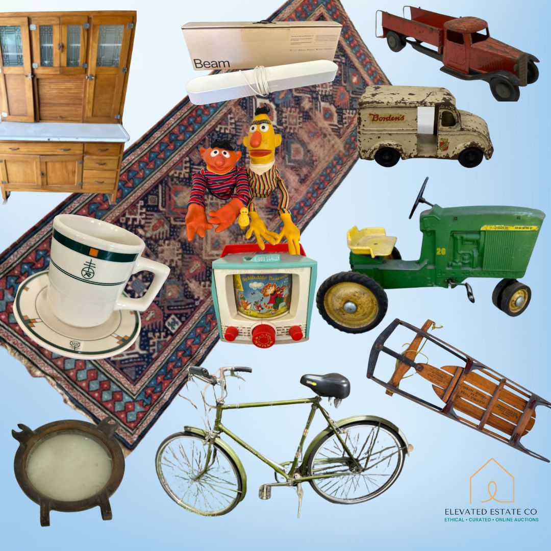 Rare Roycroft China, Vintage Toys, Raleigh bike, 1950's sleds, Antique Bakers Unit, Collectible Die Cast Cars, Antique porthole, gorgeous rugs and so much more!! 