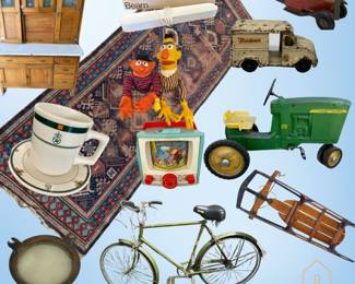 Rare Roycroft China, Vintage Toys, Raleigh bike, 1950's sleds, Antique Bakers Unit, Collectible Die Cast Cars, Antique porthole, gorgeous rugs and so much more!! 
