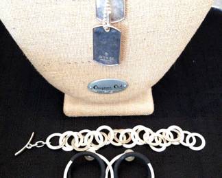 Set Of Gucci Dog Tags, Silver Link Bracelet Earrings