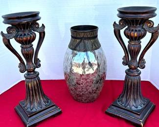 John Richard Crackle Glass Vase wCandlesticks