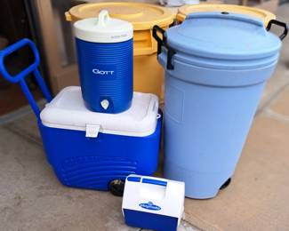 Outdoor plastics, coolers, trash cans