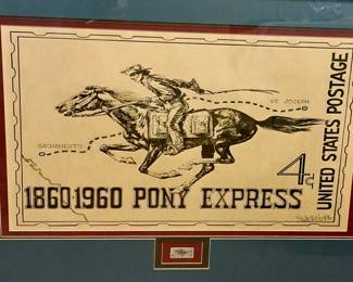 Much artwork!! Much framed and unframed prints, oils and posters. Local theme "1860-1960 Pony Express 4c United States Postage" print w/ stamp by Paul Jarvis Wooldridge Box 666 St. Joseph, Mo 1975