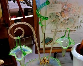 Much vintage and modern glassware. Victorian green vaseline glass epergne w/ 2 baskets and square base 