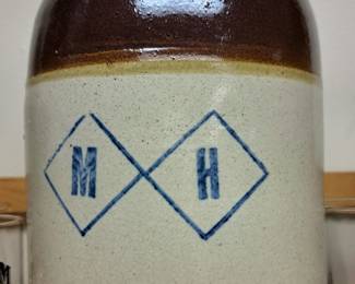 Much stoneware, pottery, china and glassware.  Vintage "M H" jug