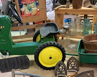 Mid Century pedal toys. "John Deere" pedal tractor w/ wagon