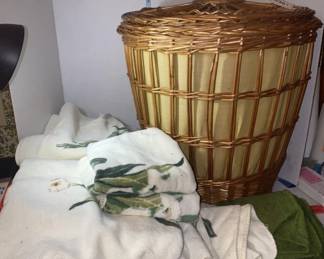 MC rattan laundry hamper with new towels