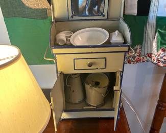 Miniture Painted Tin wash stand and china and tin fittings Circa1910