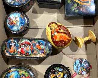 Russian painted porcelain, lacquer boxes, eggs, icons