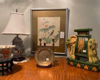 Assortment of Chinese and Japanese decorative items. Lamp has sold