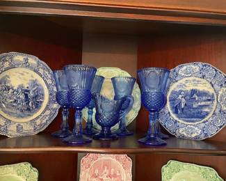 Blue and white Washington plates, Fostoria stemware- George Washington