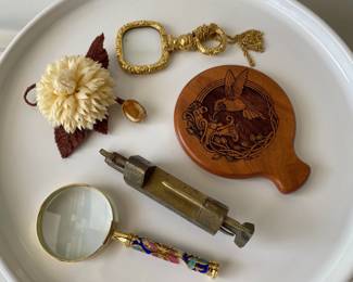 Lot 4341 Asian Brass Slide Lock  Cloissonne Magnifying Glass  Pendant  Hummingbird Purse MIrror  Vintage Floral Pin