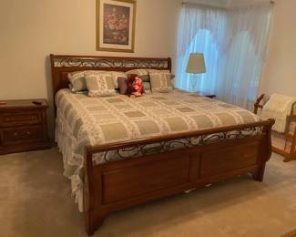 king bed with mattresses, 2 end tables, dresser, and mirror $350