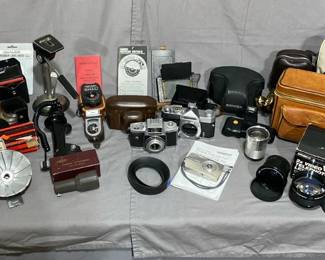 Eclectic Collection Of Vintage Cameras And Accessories * Graflex * Olympus Stylus * Konica * Minolta