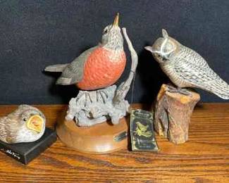Ma Hai Feng American Robins * Signed Wooden Owl Carving