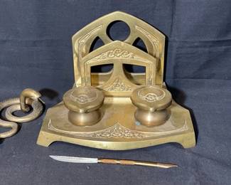 Brass Or Bronze Antique Double Inkwell * Snake * quill Pen
