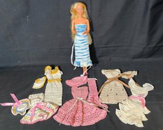 Barbie With Vintage Handmade Crochet Dresses & Hats Clothing