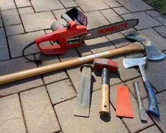 Homelite 14” Electric Chainsaw * Ax With Hickory Handle * Wood Splitting Tools
