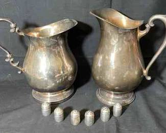 2 Silverplate Pitchers & 6 Sterling Silver Salt Shakers