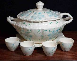Handmade Serving Bowl/Tureen + Ladle + Plate & 4 Matching Cups
