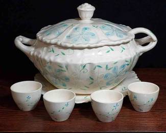 Handmade Serving Bowl/Tureen + Ladle + Plate & 4 Matching Cups