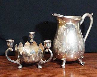 Leonard Silverplated Footed Water Pitcher With Ice Lip & Footed Lotus Candleholder/Flower Bowl
