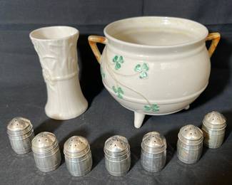 Belleek Footed Pot Kettle & Small Vase * 7 Sterling Silver Salt Shakers
