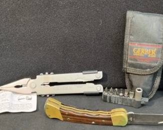 Buck Single Blade Knife With Leather Sheath 110 * Gerber Multi Tool