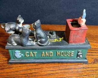 Cast Iron Cat and Mouse Mechanical Piggy Bank
