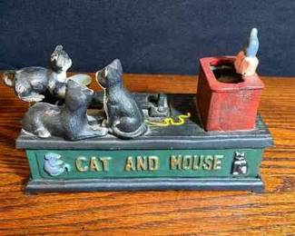 Cast Iron Cat and Mouse Mechanical Piggy Bank