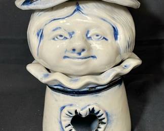 Glazed Blue & Off White Pottery Whimsical Woman With Hat * Heart Accents