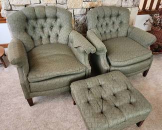 2 tufted chairs with matching ottoman