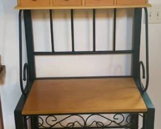 Wooden and metal bakers rack. Has wine rack below. 68 x 27 x 17.5