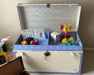 Great hand painted vintage trunk full of children’s books, games, outdoor play