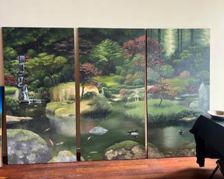 Gorgeous Large Triptych Original Signed Canvas Painting Trio by Andy Eccleshall, featuring a Japanese garden pond scene with a waterfall, ducks, and koi
