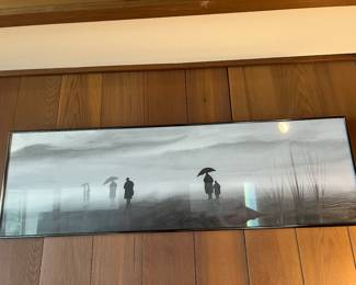 Original signed and stamped Asian painting of figures outlined against a gray background