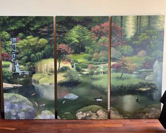 Gorgeous Large Triptych Original Signed Canvas Painting Trio by Andy Eccleshall, featuring a Japanese garden pond scene with a waterfall, ducks, and koi