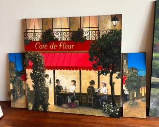Vibrant Large Triptych Original Signed Canvas Paintings Trio by Andy Eccleshall, featuring a Paris cafe scene